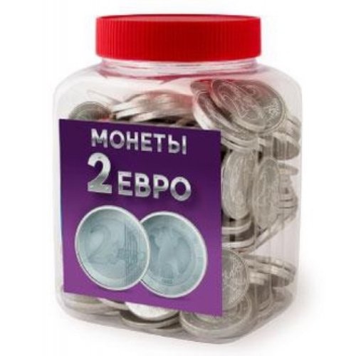 Сладкие сувениры МОНЕТЫ 2 ЕВРО серебром 4 гр.*220 шт, пластик.банка (6) (CM-4-5)