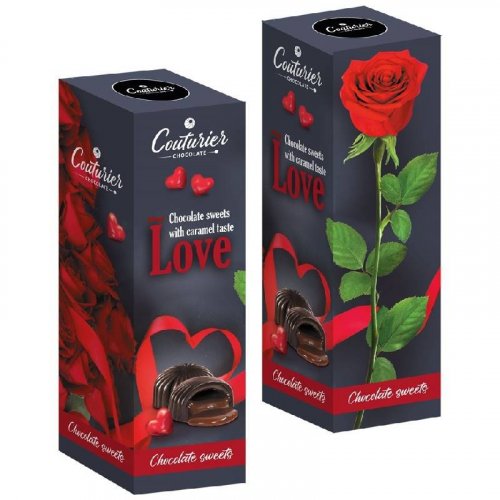 LOVE Шоколадные конфеты со вкусом малина со сливками (роза на сером) 105гр. (16) 9 мес.