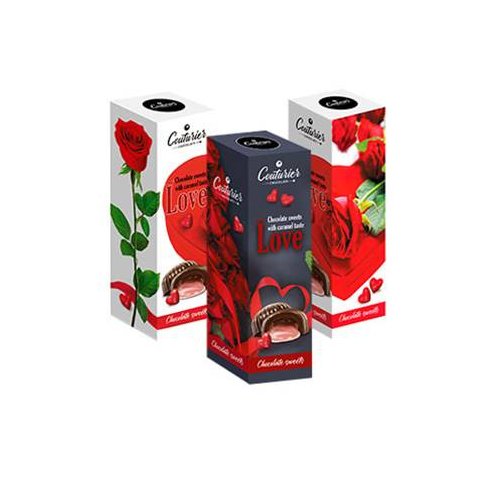 LOVE Шоколадные конфеты со вкусом малина со сливками (роза на белом) 105гр. (16)