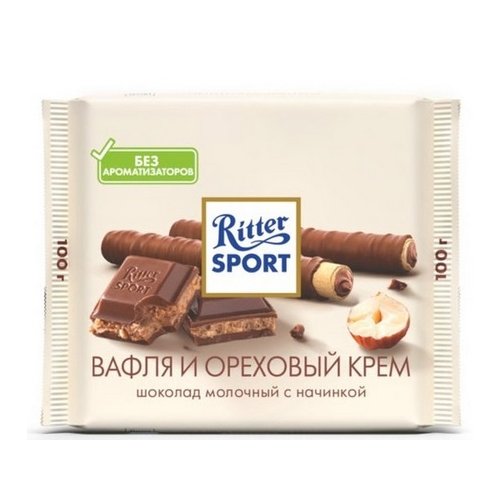 КОНДИТЕРКА Риттер Спорт Молочный с нач из Вафли и орехового крема,100 гр. (12)/400     (60156)