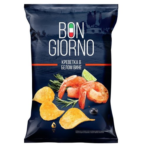 Снеки Чипсы из натурального картофеля Bon Giorno вкус Креветки в белом вине  80 гр, м/у (24) NEW