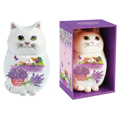 ЧАЙ Get&Joy  Чайница керамическая Кот, Букет лаванды 50 гр. китайс.черный (6) (0258/28067)