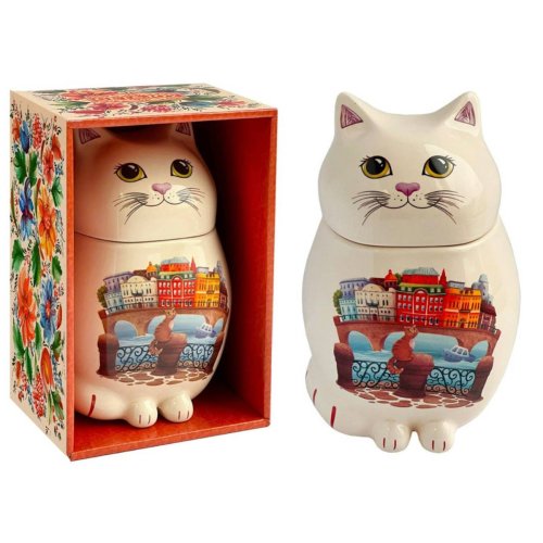 ЧАЙ Get&Joy  Чайница керамическая Кот, Цветной город 50 гр. китайс.черный (6) (0242/27995)