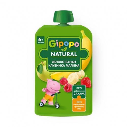 КОНДИТЕРКА Пюре детское Gipopo (Яблоко,банан,малина,клубника) 90 гр. пауч (12)/297
